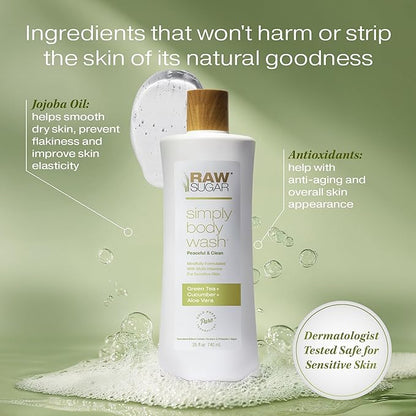 RAW SUGAR Simply Body Wash, (25 Fl Oz, Pack of 1) Bath Soap, Formulated without Sulfates & Parabens (Green Tea + Cucumber + Aloe Vera)