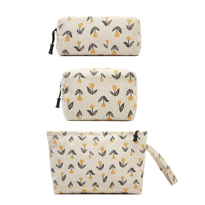 Makeup bag set small Cosmetic bag for women purse Corduroy Organizer with interior Pockets,cute Pencil zipper Pouch travel Toiletry Bag with handle(Tulip Yellow)