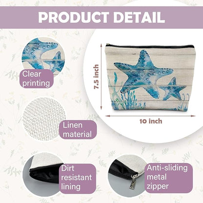 Ocean Starfish Beach Makeup Bag, Marine Life Sea Animals Cosmetic Bags for Women, Ocean Themed Gifts