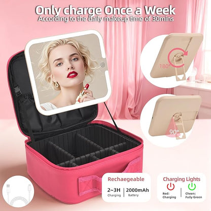 Travel Makeup Bag with LED Mirror,Removable Mirror with 3 Color Modes,Portable makeup travel organizer for Women,Makeup Case with 8 Adjustable EVA Dividers,Cosmetic Train Case with Lighted Mirror