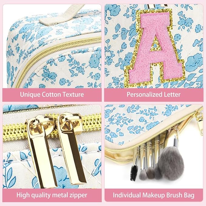 Personalized Travel Makeup Bag Set,Initial Travel Cute Floral Makeup Organizer Bag,Toiletry Skincare Cosmetic Bag,Christmas Gifts for Women/Girls,Open Flat Toiletry Pouch with Brush Pocket-G