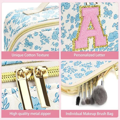 Personalized Travel Makeup Bag Set,Initial Travel Cute Floral Makeup Organizer Bag,Toiletry Skincare Cosmetic Bag,Christmas Gifts for Women/Girls,Open Flat Toiletry Pouch with Brush Pocket-S