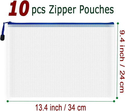AUSTARK 10 Pcs Zipper File Bags, Waterproof Plastic Mesh Pouch for Office School, Board Game Storage Bags (A4 Size 13.4''x9.4'', White and Blue)