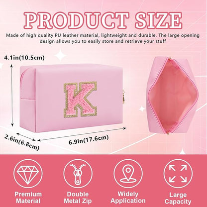 Iqimott Personalized Initial Letter Patch Makeup Bag, Preppy Small Chenille Letter Cosmetic Bag with Zipper, PU Leather Waterproof Travel Toiletry Bag Monogram Make Up Pouch for Women Girls(Letter K)