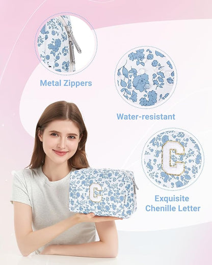 Narwey Birthday Gifts for Teen Girls Kids Women Personalized Initial Floral Makeup Bag Cute Cosmetic Trendy Stuff 6 8 10 11 12 13 14 16 18 Years Old Travel Toiletry Bag (Little Blue Flower C)
