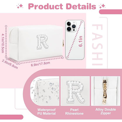 Bride Gifts – Personalized Initial Makeup Bag with Pearl Rhinestone Patch, Preppy White Monogram Cosmetic/Toiletry Pouch, bridesmaid Gifts, Bridal Shower Gifts, Wedding Gifts, Bridal Gifts,R