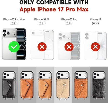 LUCKYCOIN Crossbody Wallet Phone Case for iPhone 17 Pro Max,100% Genuine Leather Wallet Phone Case with Expandable Flip Card Holder,Phone Purse for Women with Adjustable Removable Strap - Pebble Brown