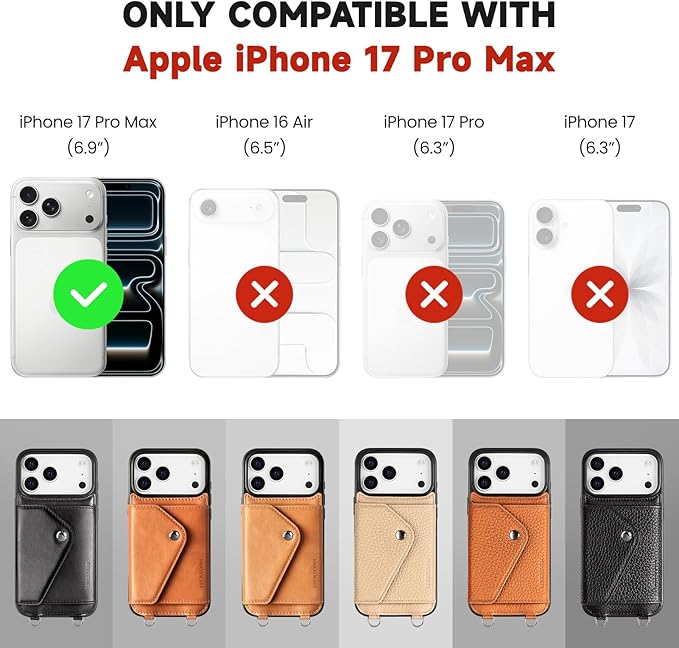 LUCKYCOIN Crossbody Wallet Phone Case for iPhone 17 Pro Max,100% Genuine Leather Wallet Phone Case with Expandable Flip Card Holder,Phone Purse for Women with Adjustable Removable Strap - Brown