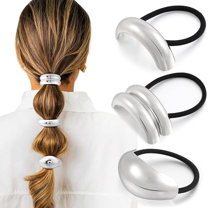 3PCS Silver Hair Ties, Metal Hair Ties for Thick Hair, Elegant Durable Geometric Design, Silver Hair Accessories Stretchy and Non-Damage Ponytail Holders, 3 Styles in Box Gifts Holiday Christmas Gifts