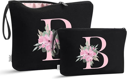 Vavabox A-Z Personalized Makeup Bag, Birthday Gifts for Women Mom, Gifts for Best Friend, Bride Bridesmaid Cosmetic bag (B, 04-Black Set)