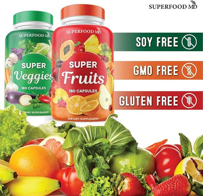 Superfood Fruit and Veggie Supplement - 360 Whole Super Fruit and Vegetable Supplements & Vitamin with Olive Leaf, Soy Free- 180 Count (Pack of 2)