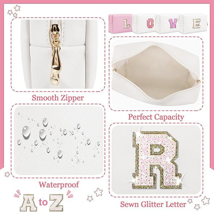 Personalized Initial Letter Makeup Bag, Small Glitter Letter Patch Cosmetic Pouch Zipper, Preppy Makeup Organizer PU Waterproof Travel Toiletry Bag,Monogrammed Birthday Gift for Women Girls(Letter R)
