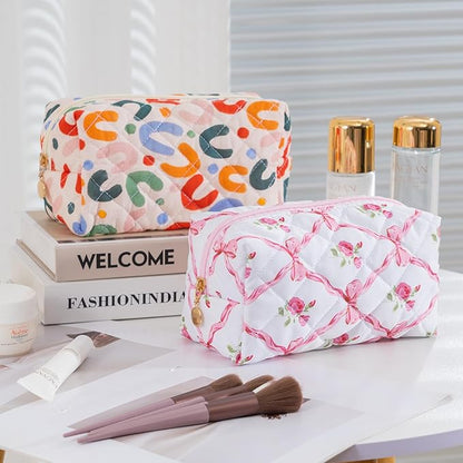 Makeup Bag Travel Toiletry Bag for Women, Small Cosmetic Bags Cute Quilted Cotton Makeup Pouch for Purse Emergency Bag for School Floral Pencil Case Accessory Bag, Bow and Floral