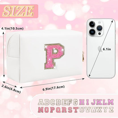 Personalized Initial Makeup Bag, Small Preppy Glitter Letter Cosmetic Pouch, PU Waterproof Zipper Travel Toiletry Bag, Unique Letter Patch Makeup Organizer Gift for Women Teen Girls
