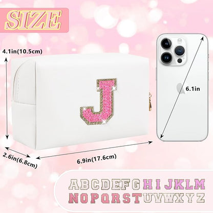 Initial Letter Patch Makeup Bag, Small Preppy A-Z Glitter Letter Cosmetic Bag, PU Leather Waterproof Travel Toiletry Bag, Cute Make Up Pouch Personalized Monogrammed Gift for Women Teen Girls