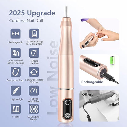 Cordless Nail Drill Electric Rechargeable File Kit, Professional Efile Acrylic Gel Nail Polish Remover Pedicure Manicure Machine Portable Set with 11 Bits 56 Sanding Bands for Salon Home (Gold)