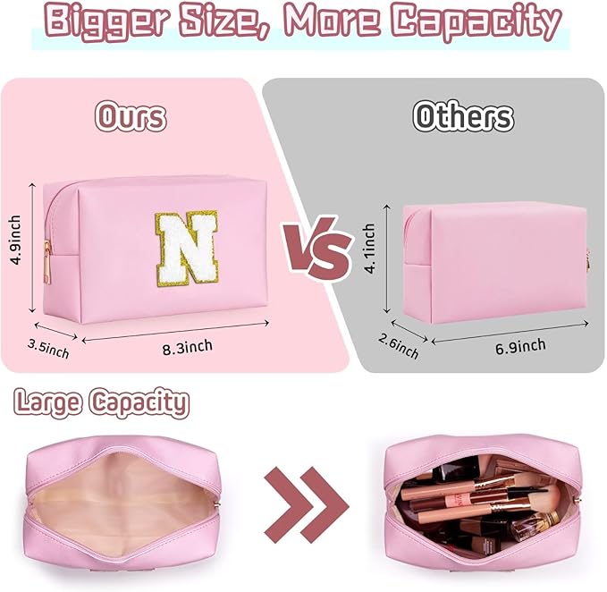 TOPEAST Preppy Small Makeup Bag, Chenille Letter Pouch Cosmetic Bag With Zipper, PU Leather Waterproof Toiletry Bag, Personalized Birthday Gift for Women, Cute Stuff for Girls (Pink D)