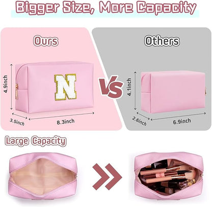 TOPEAST Preppy Patch Makeup Bag, Chenille Letter Pouch Cosmetic Bag, PU Leather Waterproof Toiletry Bag, Personalized Birthday Gift for Women Girl, Cute Stuff for Girls (Pink B)