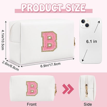 Personalized Initial Travel Preppy Makeup Bag, Small Cute White Cosmetic Pouch Monogram Toiletry Zipper Pouch, Waterproof PU Glitter Make Up Bags Storage Birthday Bridal Shower Women Gift (Letter B)