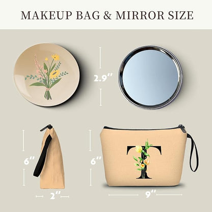 Women Birthday Unique Bride to be Bridal Shower Initial Gifts for Mom Sister Friend Her Teacher Aunt Makeup Cosmetic Bag with Mirror Mothers Day Christmas Graduation T