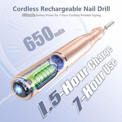Cordless Nail Drill Electric Rechargeable File Kit, Professional Efile Acrylic Gel Nail Polish Remover Pedicure Manicure Machine Portable Set with 11 Bits 56 Sanding Bands for Salon Home (Gold)