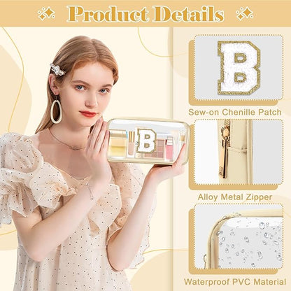 Personalized Initial Letter Clear Makeup Bag,Preppy Small Nylon&PVC Cosmetic Zipper Bag with Chenille Letter,Portable Beach Travel Skincare Toiletry Bag,Trendy Monogram Gift for Teen Girls Women,B