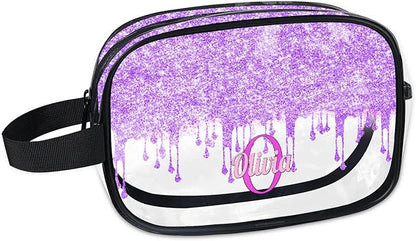 Personalized Travel Cosmetic Bag Waterproof Makeup Bags, Custom Name Clear PVC Organizer Case Toiletries Container Bag, Romantic Purple Curtain Glittering