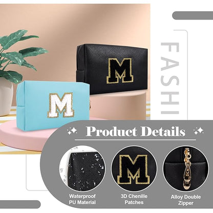 Personalized Initial A-Z Preppy Patch Makeup Bag,Small PU Chenille Letter Cosmetic Bag with Zipper for Teen Girls,Black Cute Toiletry Organizer Bag,Monogram Makeup Case Gift for Women Girls,Letter M