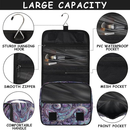 Travel Toiletry Bag for Women & Men Ethnic Purple Paisley Hanging Cosmetic Organizer Portable Waterproof Makeup Case Make Up Bag with Compartments Travel Essentials for Bathroom Shower