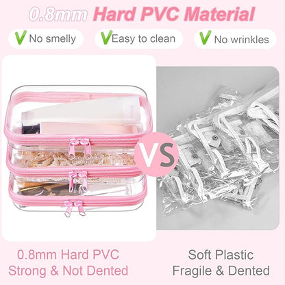 Hoolerry 3 Pcs Clear Hard Zipper Case Plastic Pouch Transparent Hard Case Clear Makeup Bag Portable Travel Organizer Bin for Cosmetics, Building Blocks, Puzzles(Pink,S)