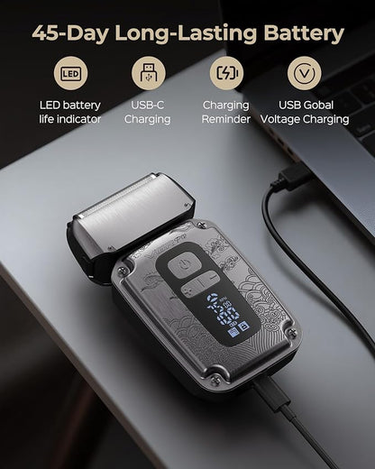 Foil Shaver for Men, Electric Razor for Men Face Beard, Waterproof Cordless Electric Razor for Travel, 4-Speed Setting, USB-C Rechargeable, LED Battery Display, Barber or Home Use (Gray)