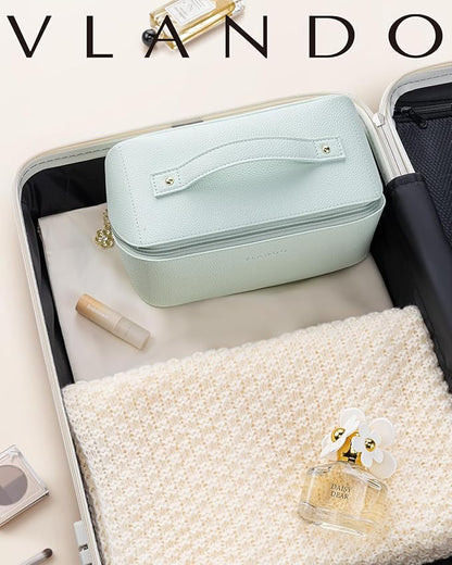 Vlando Makeup Bag,Large Capacity Toiletry Bag for Women Waterproof Portable Make up Pouch PU Leather Open Flat Cosmetic Bag(Mint Green)