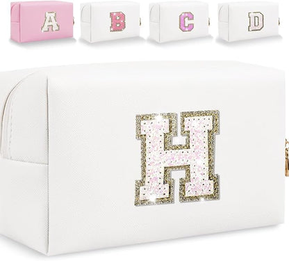 Small Personalized Glitter Initial Letter Makeup Bag, Cute PU Leather Chenille Letters Cosmetic Bag Travel Makeup Pouch, Preppy Travel Organizer Zipper Pouch for Women&Girls（White-H）