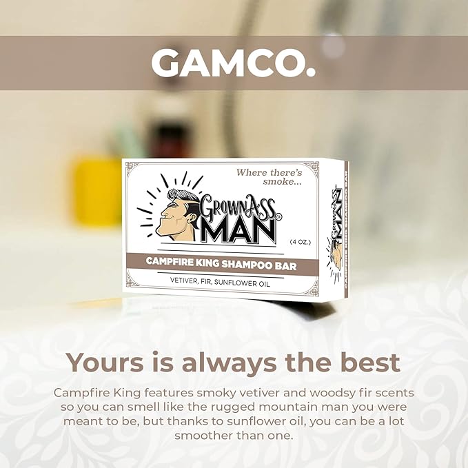 Grown Ass Man Co. - Solid Shampoo Bar Rich Lather 3 in 1: Hair, Beard & Body Wash - Plastic Free & Eco-Friendly, Natural & Organic Clean for All Hair Types, 4oz Bar (Campfire King, Single)