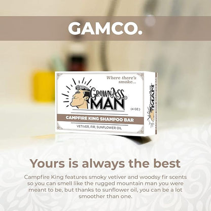 Grown Ass Man Co. - Solid Shampoo Bar Rich Lather 3 in 1: Hair, Beard & Body Wash - Plastic Free & Eco-Friendly, Natural & Organic Clean for All Hair Types, 4oz Bar (Campfire King, 3-Pack)
