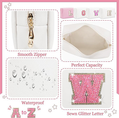 Personalized Initial Letter Patch Makeup Bag, Preppy Glitter Letter Makeup Organizer, Cute Monogrammed Pouch Cosmetic Bag PU Leather Waterproof Travel Toiletry Bag, Gift for Women Teen Girls