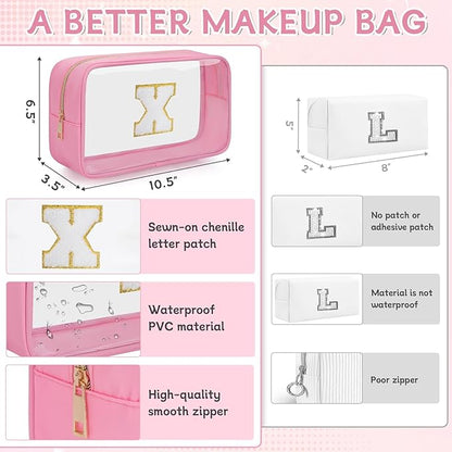 Personalized Initial Clear Makeup Bag, Travel Chenille Patch Cosmetic Bag, Preppy Toiletry Bag Monogram Cosmetic Pouch with Zipper, Ideal Gift for Teen Girls Women (Clear-Pink, X)