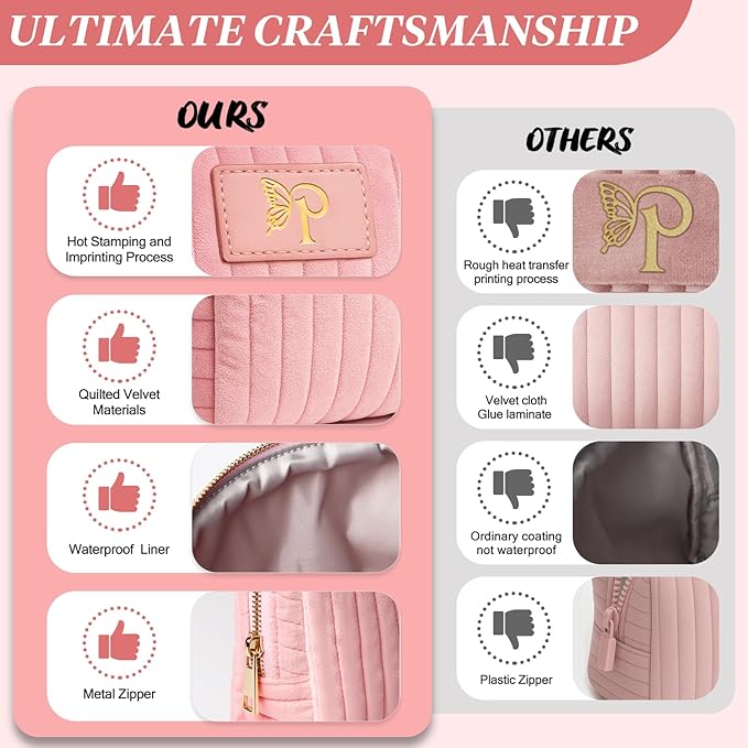 Monogrammed Make Up Bags for Women,Personalized Cosmetic Bags Women,Small Quilted Makeup Pouch,Cute Makeup Bag Travel,Birthday Gifts for Teen Girl (Pink P)