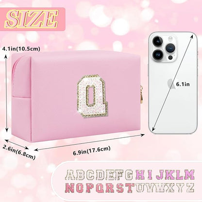 Personalized Initial Letter Makeup Bag, Small Preppy Glitter Letter Cosmetic Pouch PU Waterproof Zipper Travel Toiletry Bag, Unique Letter Patch Makeup Organizer Gift for Women Teen Girls(Letter Q)
