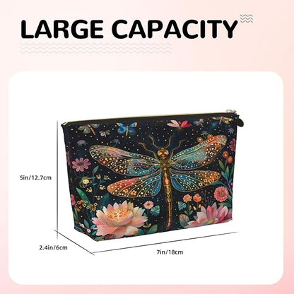 Womens Leather Makeup Bag Cosmetic Bag Travel Toiletry Bags Make Up Bags for Women Adult (Floral Dragonfly)