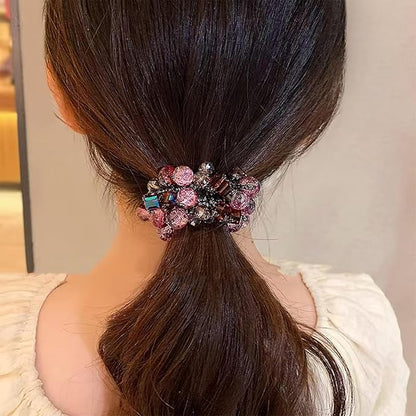 Crystal Beaded Hair ties Scrunchies, Pink and Blue Glass Beads, Black Elastic Band, 2 Pack hair accessories for women。