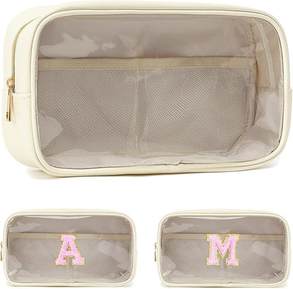 Clear Makeup Bag with 2 Customizable Chenille Letters - Waterproof PU Leather Cosmetic Case, Large Personalized Toiletry Pouch for Women & Teens, Ideal for Travel & Gift