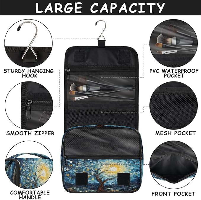 Travel Toiletry Bag for Women & Men Abstract Tree Starry Sky Hanging Cosmetic Organizer Portable Waterproof Makeup Case Make Up Bag with Compartments Travel Essentials for Bathroom Shower