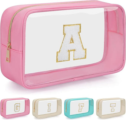 Personalized Initial Clear Makeup Bag, Travel Chenille Patch Cosmetic Bag, Preppy Toiletry Bag Monogram Cosmetic Pouch with Zipper, Ideal Gift for Teen Girls Women (Clear-Pink, A)