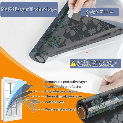 One Way Privacy Film, Window Tint for Home,Daytime Reflective, Anti UV Static Cling Sliding Door Coverings No Glue Garage Solar Paper (Black - Silver-Daisy, 45.27 x 157.4 in)