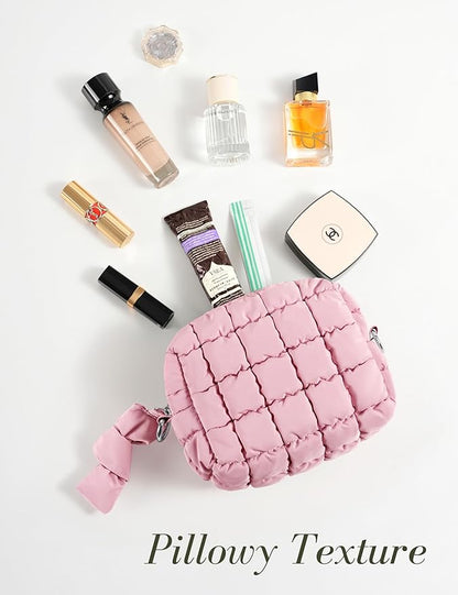 Yarnic Quilted Makeup Bag Cosmetic Bag, Quilt Cosmetic Pouch Puffy Travel Toiletry Bags for Women, Cute Makeup Bag Organizer Soft Puffer Makeup Pouchs (S, Pink)