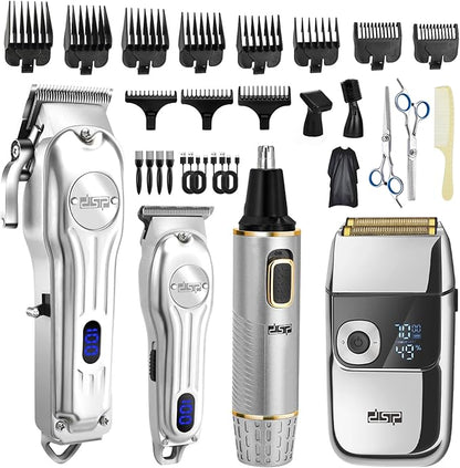 DSP 4-in-1 Pro Barber Kit: Cordless Hair Clipper, Trimmer, Shaver & Nose Hair Remover - Styling & Grooming Set with Scissors, Fade Tools, LED Display