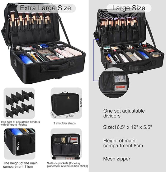 Relavel Extra Large Makeup Case and Makeup Brush Holder Bag, Professional Makeup Organizer, Large Capacity with Adjustable Dividers and Shoulder Strap (Black)