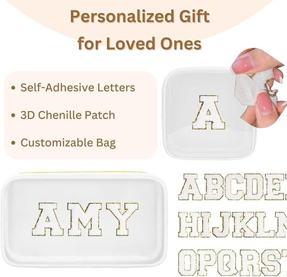 Personalized Travel Makeup Bag Set, 2PCS Toiletry Bag & 26 Chenille Letters, Elegant Skincare Bag, DIY Bridal Shower Gifts for Engagement Wedding (White)