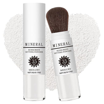 Sunscreen Setting Powder SPF 35, Mineral Brush Powder for Face & Scalp, Oil Control Natural Matte Finish Loose Powder Translucent Lasting Lightweight Breathable for All Skin (03# White)